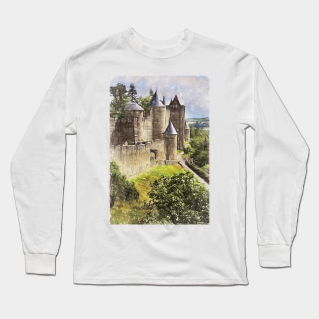 Walls of Carcassonne Digital Art Long Sleeve T-Shirt by IanWL